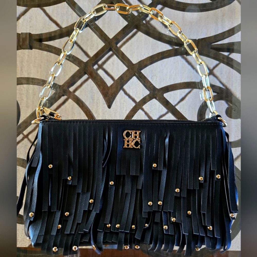 Carolina Herrera black leather fringe chain shoulder bag